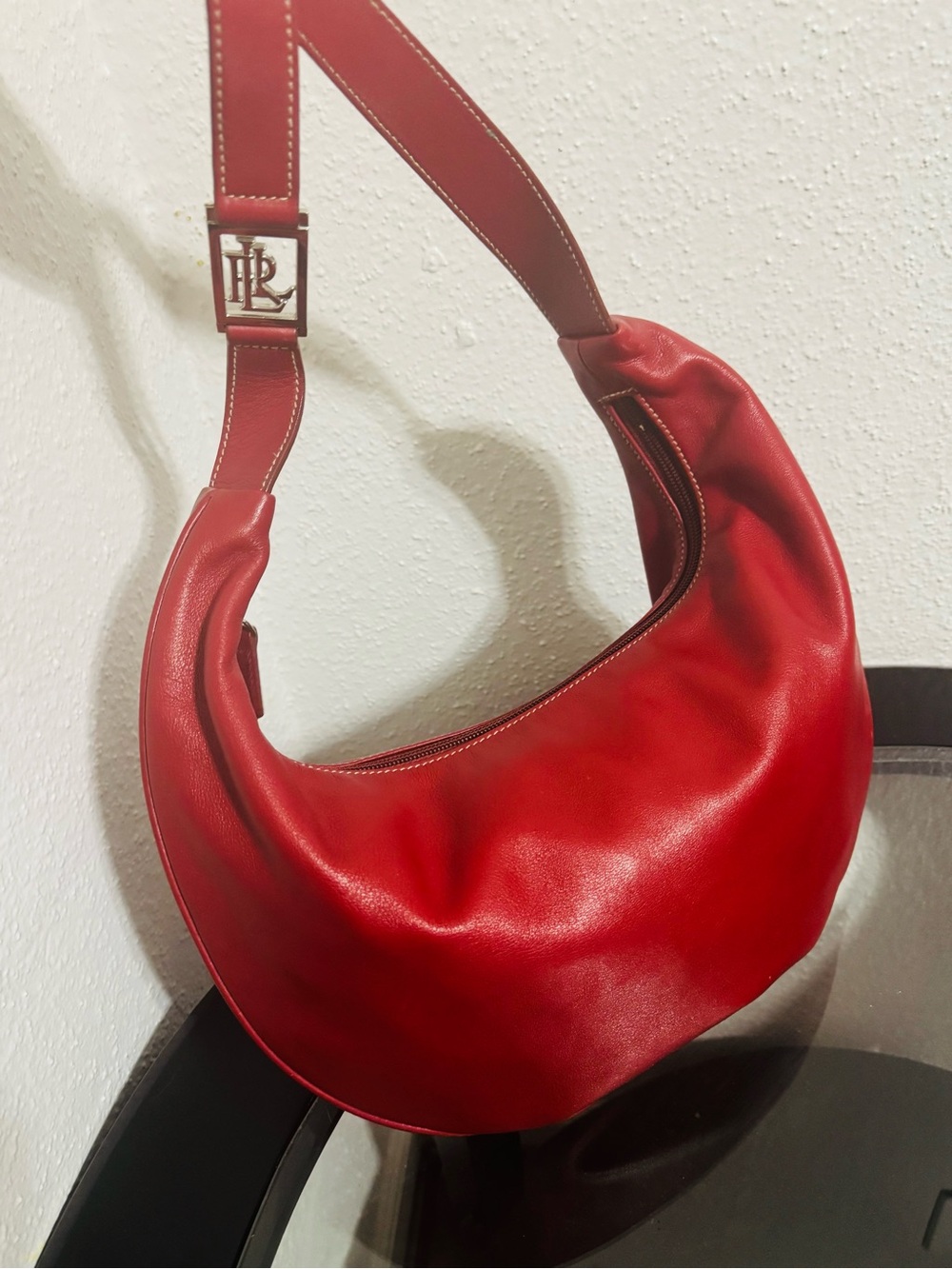 Lauren Ralph Lauren Red Crescent Hobo Bag with Signature Buckle